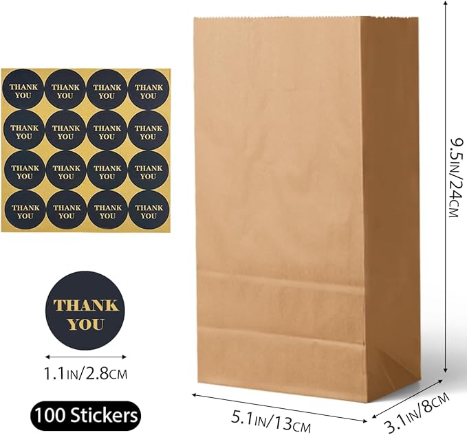 qiqee 100Pcs Treat Paper Bags 5.1"x3.1"x9.4" Brown Party Gift Bag Mini Snack Bag without Handle