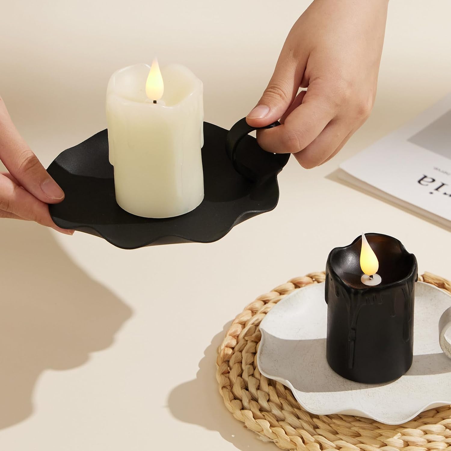Candle Holders for Pillar Candles – 5.5" Overall Width Black Metal Holder with Plate, Fits Pillar Candles up to 3.3" in Diameter & Flameless, Modern Minimalist Candle Dish (Candles Not Included)