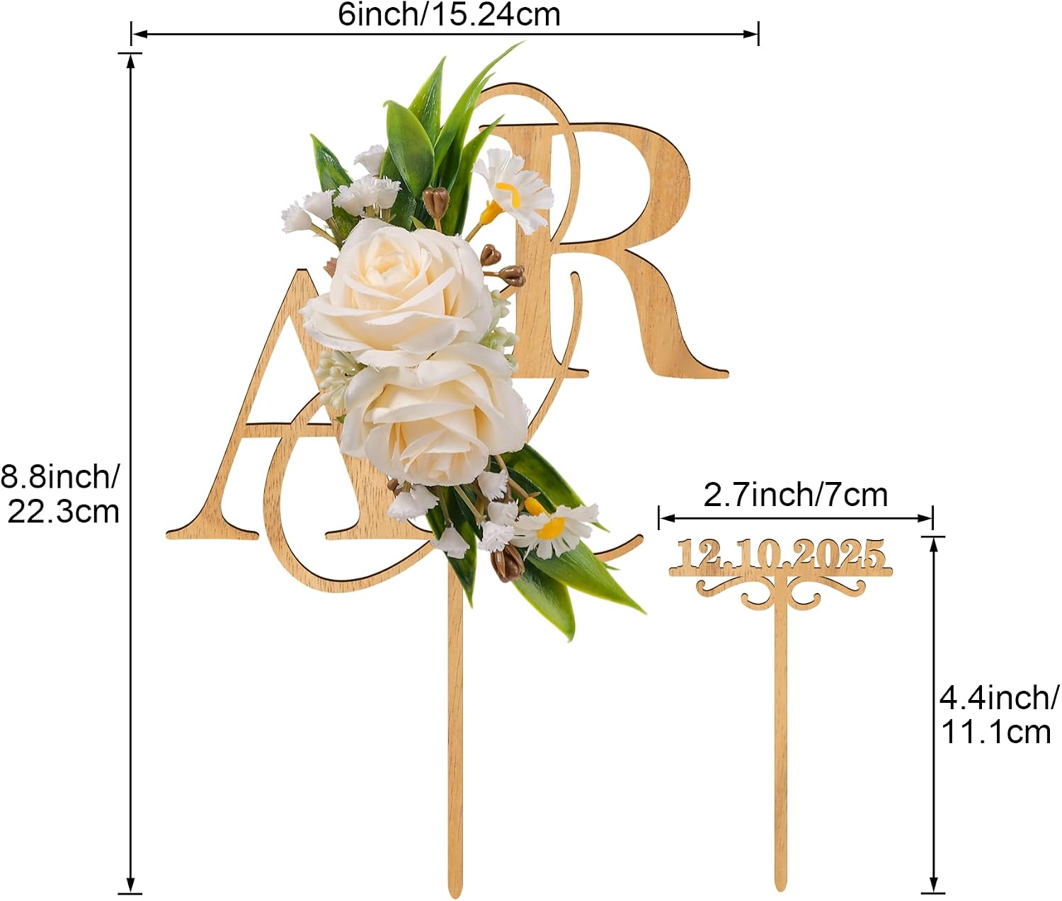 Personalized Wedding Cake Topper with 3D Artificial Flowers and Green Leaves Custom Initials Wooden Anniversary Cake Decoration
