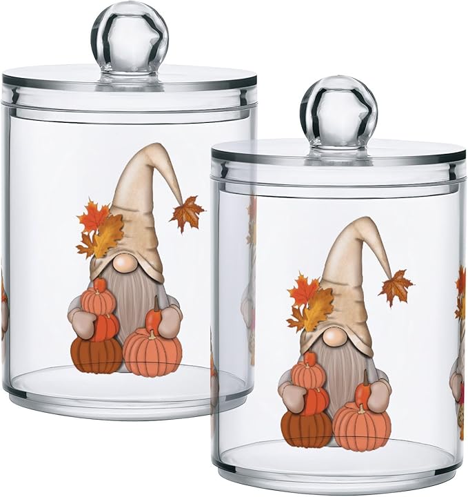 Gredecor 4 Pack Apothecary Jars with Lid Fall Gnome Maple Pumpkins Qtip Holder Dispenser Storage Containers Clear Plastic Cute Fall Autumn Thanksgiving Theme Canisters for Bathroom Vanity Organization