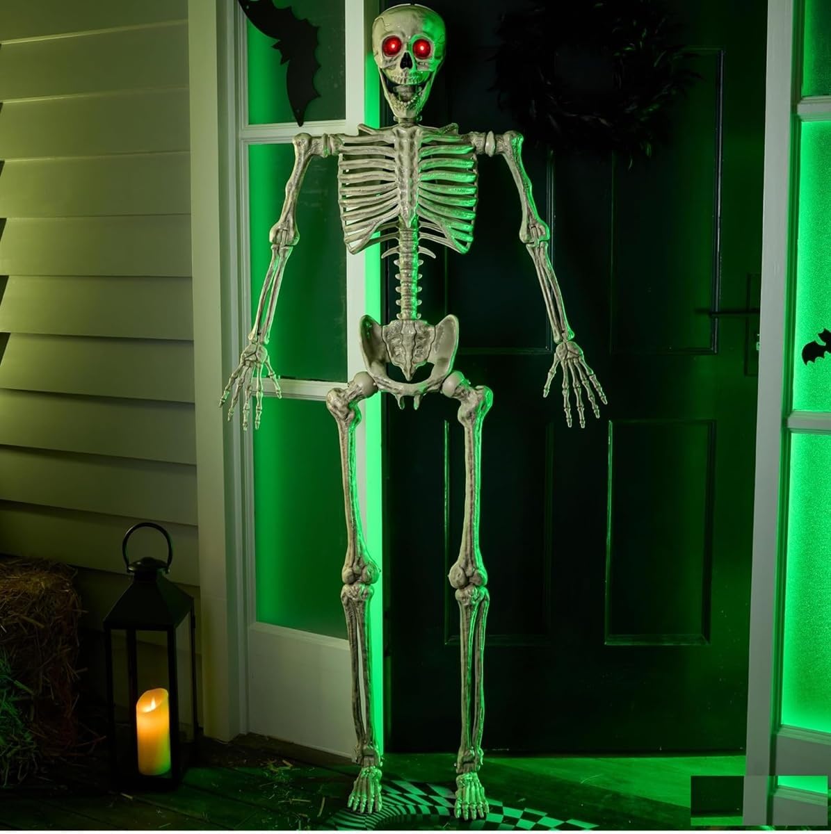 JOYIN 5.6 FT Halloween Posable Skeleton Life Size with LED Red Glowing Eyes, ...