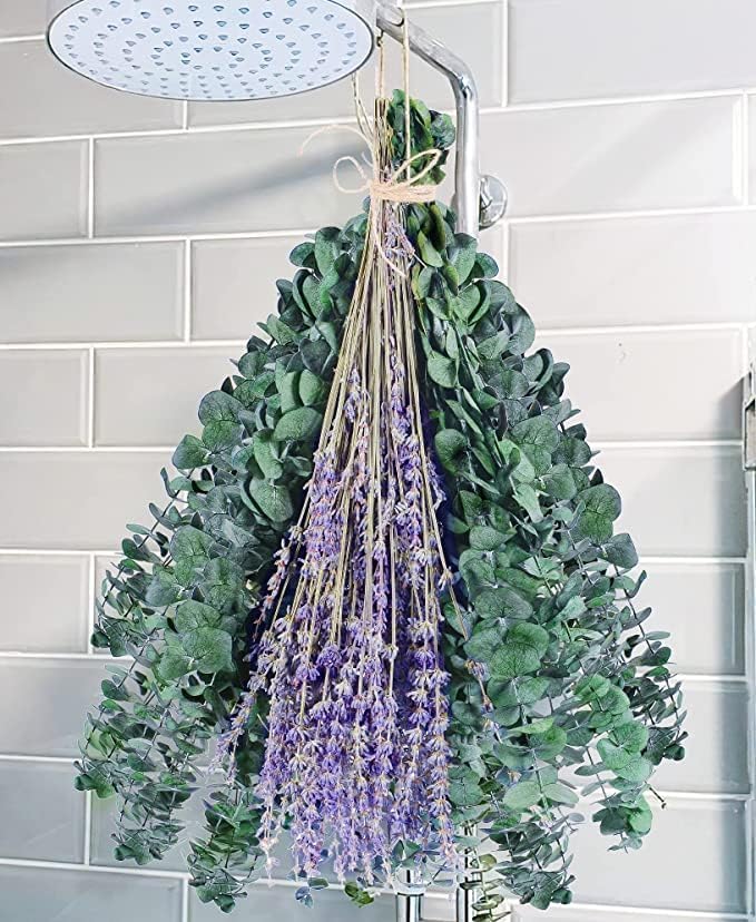115 Pcs Eucalyptus Stems & Lavenders Flowers Bundles for Shower, 17'' Upgrade Hanging Shower Plant, Natural Real Eucalyptus Leaves Lavenders Stems with Chrysanthemums, Fragrant Bathroom Decor