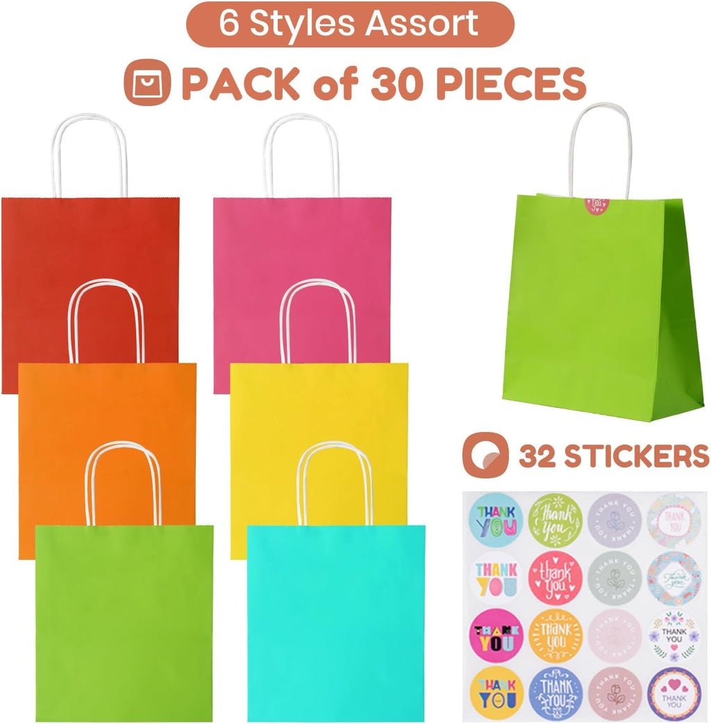 Parmedu Small Paper Gift Bags with Handles - 30 Pack 8.7"x3.5"x7.9" Colorful Party Favor Bags Bulk, Gift Bags for Christmas, Birthdays, Weddings, Festivals, and Parties (6 Colors)