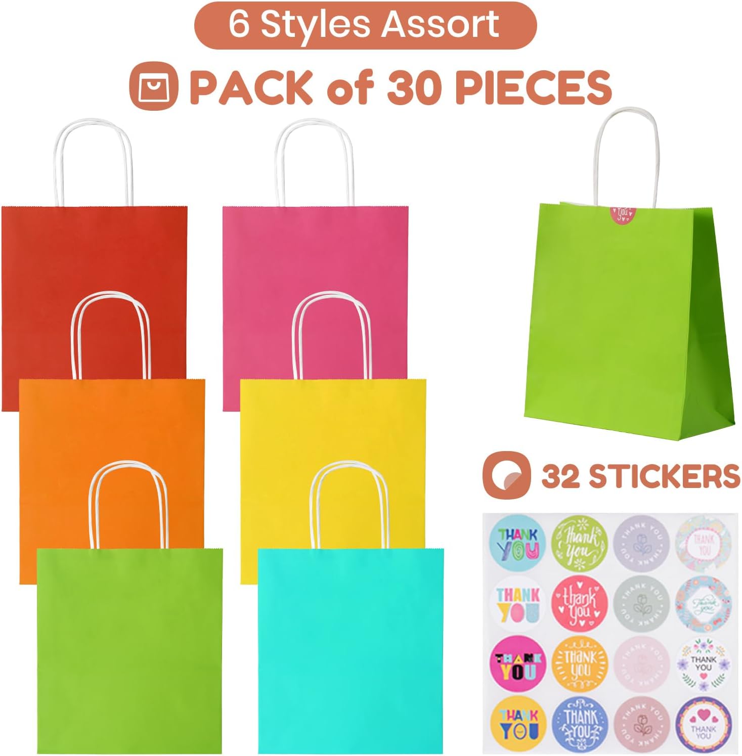 Parmedu Small Paper Gift Bags with Handles - 30 Pack 8.7"x3.5"x7.9" Colorful Party Favor Bags Bulk, Gift Bags for Christmas, Birthdays, Weddings, Festivals, and Parties (6 Colors)