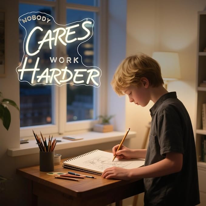 Nobody Cares Work Harder Neon Sign,Motivational Dimmable LED Light Signs for Wall Art Decor,Backdrop for Office Study Room Gym Bedroom Man Cave,Gift for Teen USB Powered（13.8"*11.9"）