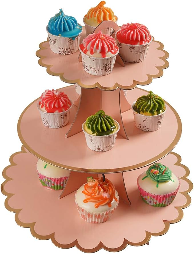 3-Tier Cupcake Stand, Pink Cake Stand Holder, Lace Tiered DIY Cupcake Stand Tower for Dessert Table Displays, Birthday Theme Party Favors Decoration, Floral Tea Party, 12" W x 12.8" H