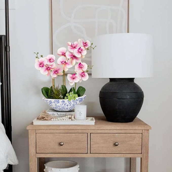 Briful Pink Orchid Fake Flowers 17in Artificial Orchid Silk Flowers in Blue and White Ceramic Vase Faux Orchid Arrangement for Elegant Home Office Room Dining Table Centerpiece Shelf Modern Decor
