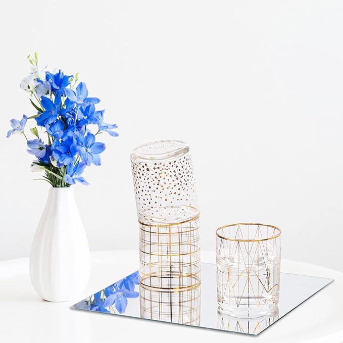 JAMBALAY 12" Glass Mirror Centerpieces for Table, Set of 12 Mirror Centerpieces, Square Glass Mirror Tiles, Candle Plates, Tray, for Wedding and Parties