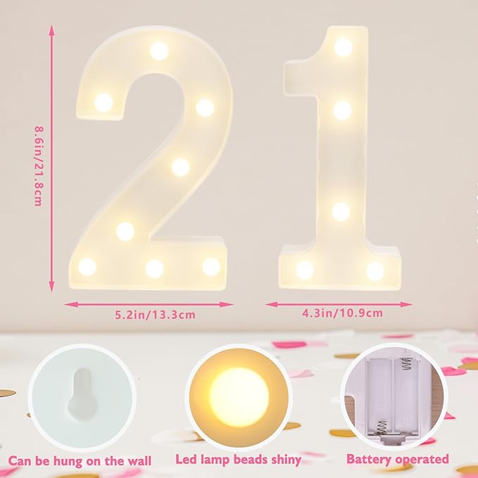 Decorative Led Light Up Numbers, 21th Birthday Decorations, Warm White Led Numbers Lights, Lighted Marquee Number Sign for Sweet 21th Party Decor