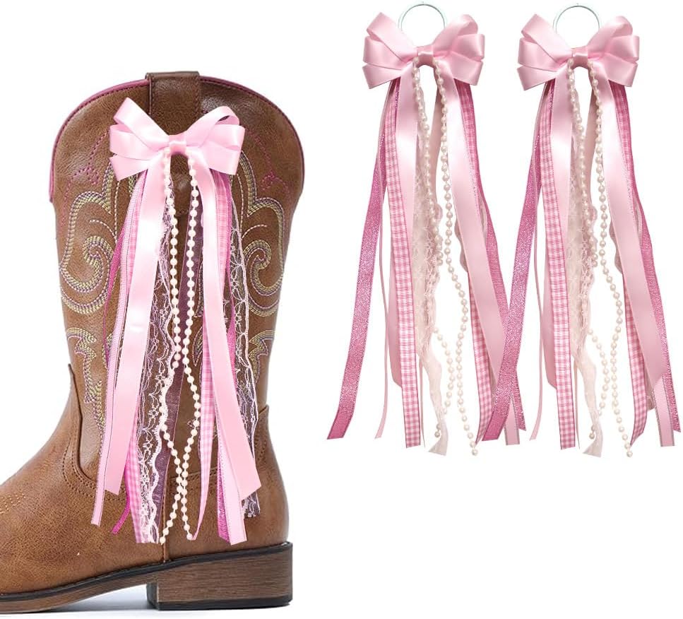 Pink Ribbon Bow Martin Boot Bows, Pink White Buffalo Plaid Boot Bows Glitter Pearl Lace Holiday Birthday School Accessory Decor