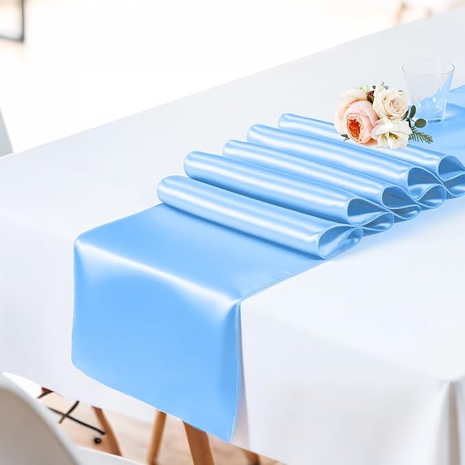 SHEJIZE 10 Pack Light Blue Satin Table Runner 12x108 Inches Long, Bright Silky Smooth Satin Table Runner Table Decor for Wedding Banquet Christmas Prom Event Birthday Party