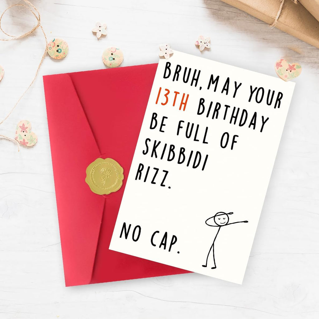 Funny 13th Birthday Card for Boys Girls,13 Year Old Birthday Gifts & Decorations for Daughter Son Niece Nephew,Humorous 13th Birthday Card for Teenagers with Gen Z Slang Meme Design