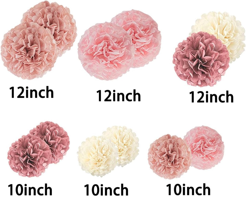 Boho Party Decoration,12pcs Blush Pink, Dusty Rose, Mauve, Cream Tissue Paper Pom Poms,Hanging Paper Flowers for Wedding Bridal Shower Bachelorette Party Decoration