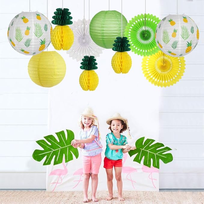 Pineapple Party Decorations Hanging Paper Lanterns Pineapple Honeycomb Tissue Paper Fans for Hawaiian Tropical Birthday Luau Party Decorations Summer Decor (Yellow)