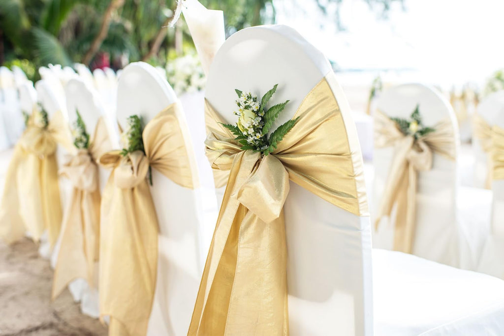 Wedding Satin Gold Chair Sashes Bows 50 Pack Fitted Chair Ribbons 7x108 Inches Chairs Ties for Party Birthday Fiesta Engagement Ceremony Bridal Shower Decor - Gold, 50