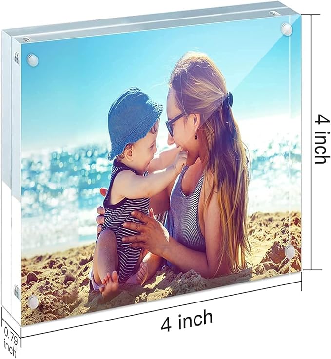 HELPLEX Acrylic Frame, 5 Pack 4x4 Inch Picture Frames, 20mm Thicker Frameless Clear Double Sided Magnetic Free Standing Desktop Display Stand