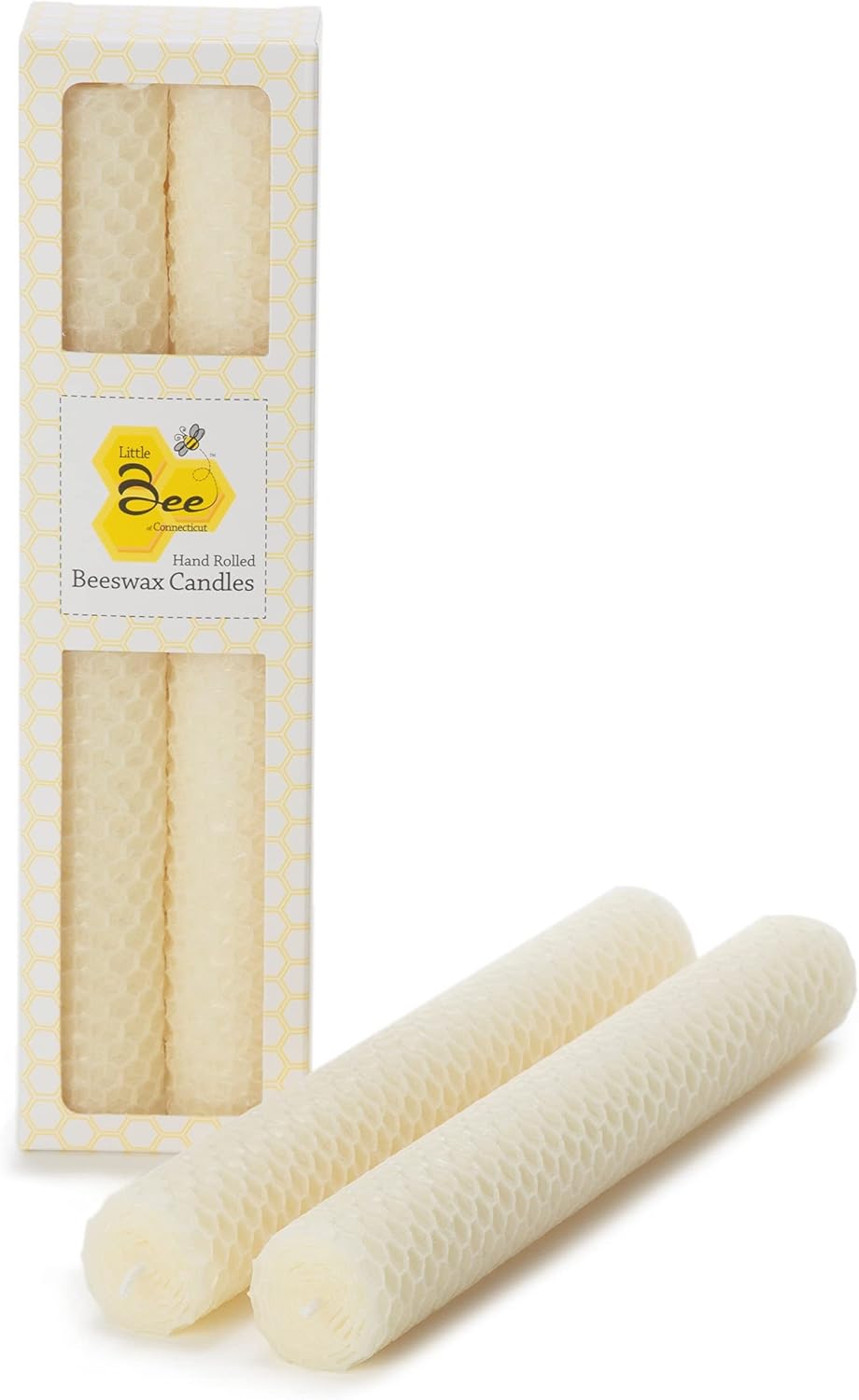 8" Hand Rolled Beeswax Taper Candle - Little Bee of Connecticut (One Pair) | Fits Any Size Taper Holder - 9 to 10 Hour Burn Time Each - 100% Cotton Wick - Made in Connecticut - 100% Pure Beeswax Candle