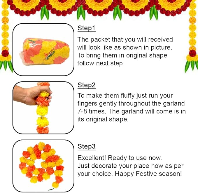 Marigold Garlands for Decorations Pack of 5 - Artificial Marigold Flowers for Decorations -Indian Decor for Pooja, Indian Flower Garland (Yellow Orange Combination | 4 to 4.5 Ft) Hashcart®