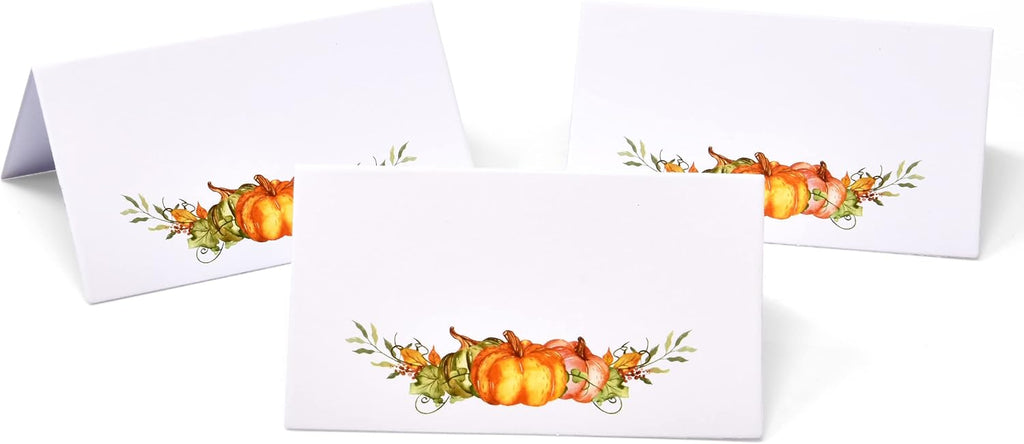 Gift Boutique 100 Pack Thanksgiving Place Cards with Pumpkins and Fall Leaves Folded Paper Name Cards for Dinner Table Setting Autumn Party Decorations