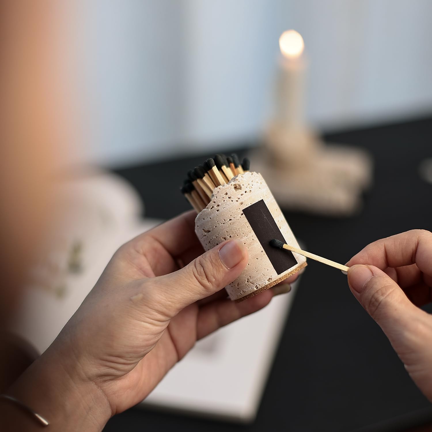 Match Holder with Striker - Set of 2 - Handmade Travertine Match Box - Matches in a jar for Bathroom Candle - Cute Home Decor - Matches Not Included