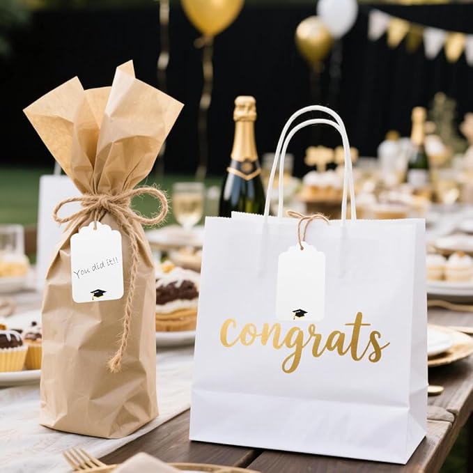 100Pcs Blank Gift Tags with String Foil Black Gold Grad Cap Large Paper Gift Tags with 65 Ft Jute Twine for Congratulations Graduation Congrats Grad Class of 2025 Party