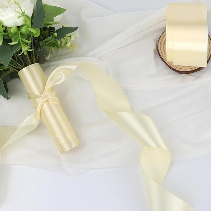 Rice White Solid Satin Ribbon 2 Inch 25 Yards Solid Polyester Fabric Ribbon for Gift Wrapping Wedding Christmas Baby Shower Birthday Party Decoration Handmade Immortal Flower Craft