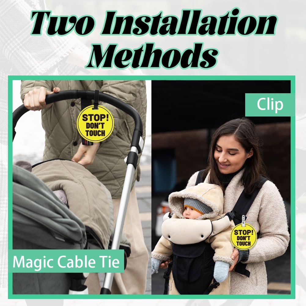 PLIGREAT 2 Pack Yellow Stop Don't Touch Baby Car Seat Sign for Newborn Babys Girl Boy No Touching Kissing Baby Reminder Signage for Babys Carrier Car Seat Stroller Tag with Hanging Straps and Clip