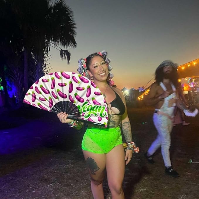 Kandies World UV Reactive Custom Festival Folding Hand Fan - Unique Designs, Made of Bamboo, Clacking Sound, Lightweight - Perfect Rave and Festival Accessory!