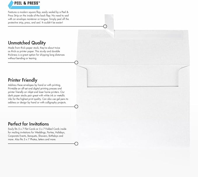 LUXPaper A7 Invitation Envelopes | Peel & Press | 5 1/4" x 7 1/4" | Crystal Metallic | 80lb. Text | 50 Qty