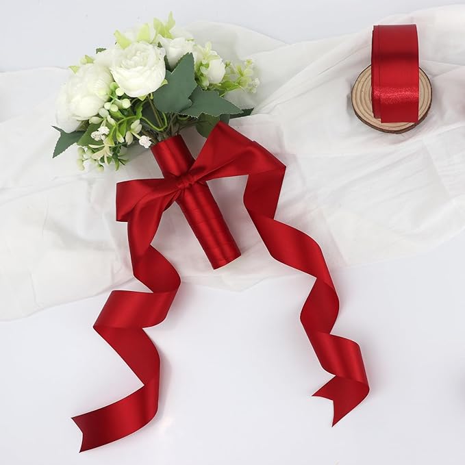 Deep red Solid Satin Ribbon 1-1/2 Inch 25 Yards Solid Polyester Fabric Ribbon for Gift Wrapping Wedding Christmas Baby Shower Birthday Party Decoration Handmade Immortal Flower Craft