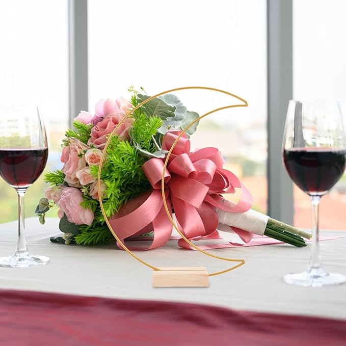 Dining Table Decor 10 Sets Metal Floral Hoop Moon Shaped Metal Wreath Ring Stand with Wood Holder Centerpiece Table Decor for DIY Xmas Wedding Table Decor Flower Garlands (Moon,26x20cm