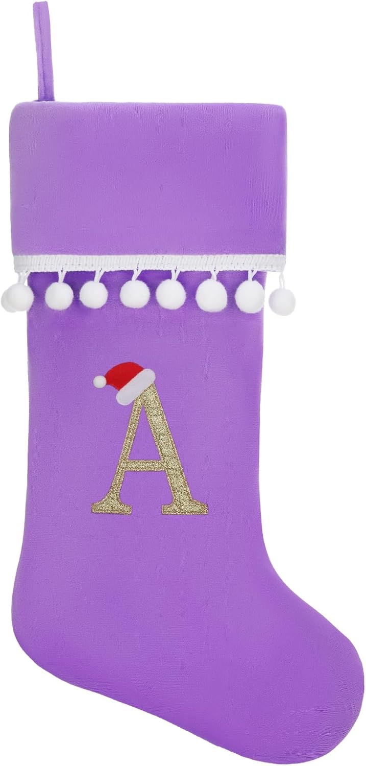 Personalized Christmas Stocking - 19 Inch Purple Velvet Stockings, Embroidery Initial with White Pom Pom Trim, Holiday Fireplace Mantel & Xmas Party Decor, Letter A