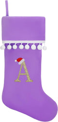 Personalized Christmas Stocking - 19 Inch Purple Velvet Stockings, Embroidery Initial with White Pom Pom Trim, Holiday Fireplace Mantel & Xmas Party Decor, Letter A