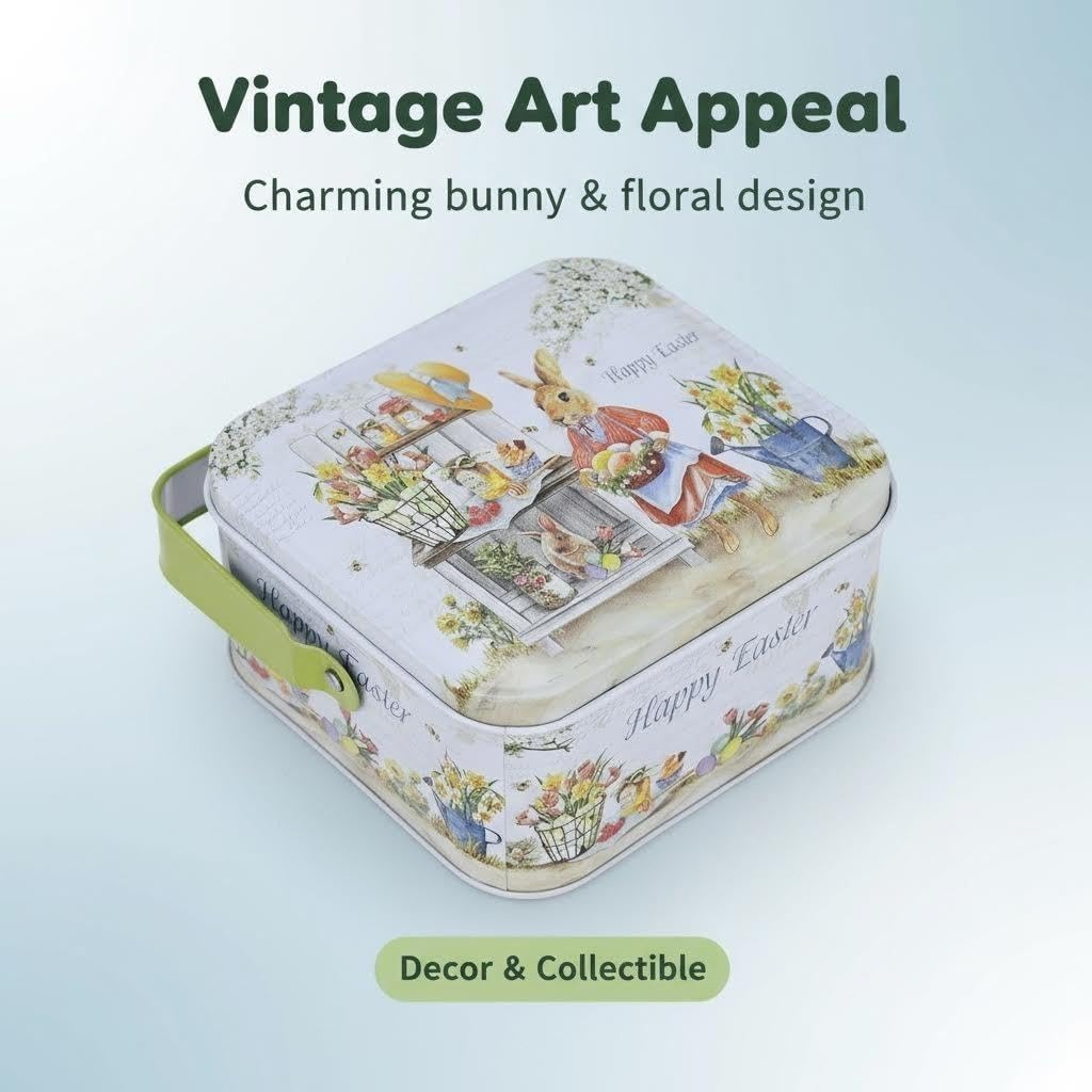 Easter Rabbit Metal Storage Tin with Handle (Style A) - 4.1" Vintage Garden Bunny Treat Box, Decorative Floral Tinplate Organizer for Easter Eggs