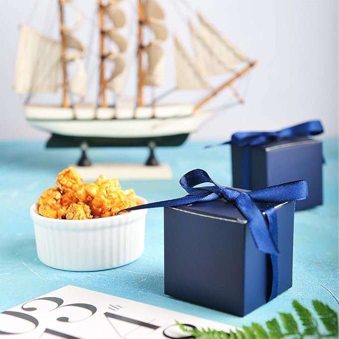 AWELL Navy Blue Gift Candy Box Bulk 2x2x2 inches with Blue Ribbon Party Favor Box,Pack of 50