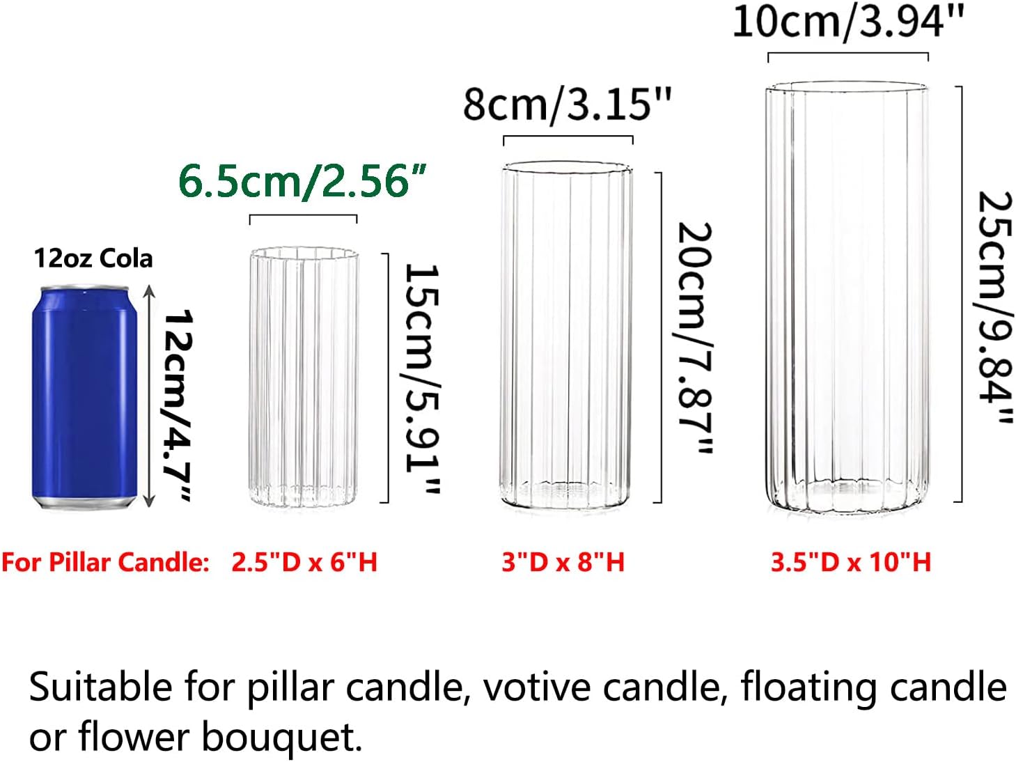 Hewory Glass Cylinder Ribbed Vases Set of 6, Tall Clear Vase for Centerpieces, Hurricane Candle Holders for Pillar or Floating Candles, Round Vases for Wedding Anniversary Events Home Table Decor