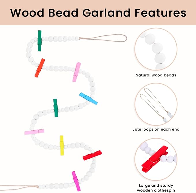 Hanging Photo Display Wall Decor, 2PCS Boho Wooden Bead Garland Collage Picture Frame with 9 Different Random Colors Wood Clips for Boho Bedroom, Living Room, Office, Dorm Decor