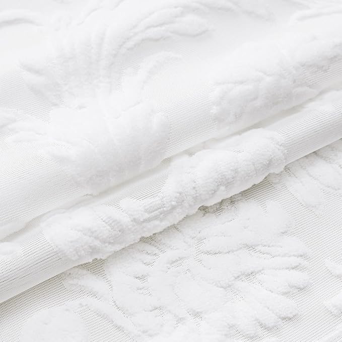 Sheer White Curtains for Bedroom Living Room Boho 63 Inches Rod Pocket Farmhouse Drapes with Floral Patterned Vintage 3D Flocked Texture & Rococo Motifs Window Curtains Set of 2 Panels, 52"W*63"L