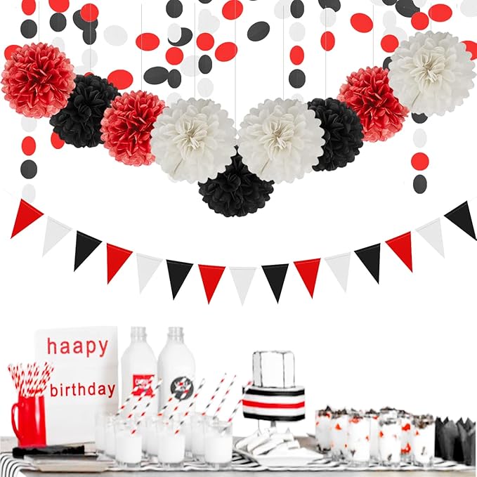 White Red Black Party Decorations - 15Pcs Tissue Paper Flower Pom Poms Lanterns Birthday Wedding Graduation Bachelorette Hanging Decor