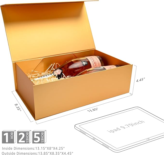 LIFELUM Gold Gift Boxes with Lids,1 Pack 13.85 x 8.35 x 4.45 inch Gift Box with Ribbon, Card, Shredded Paper Filler Gift Box for Valentine's day,Christmas,Birthdays, Bridal Gifts,Weddings