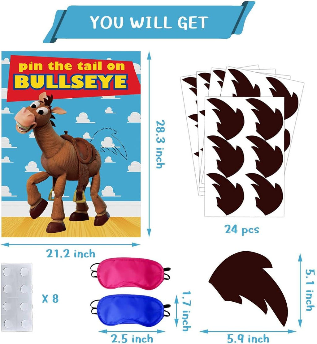 Toy Inspired Stories Party Supplies, Pin The Tail on The Bullseye Party Game, Large Poster 24PCS Reusable Tail Stickers for Kids Boys Birthday Party, Toys 4th Party Favors