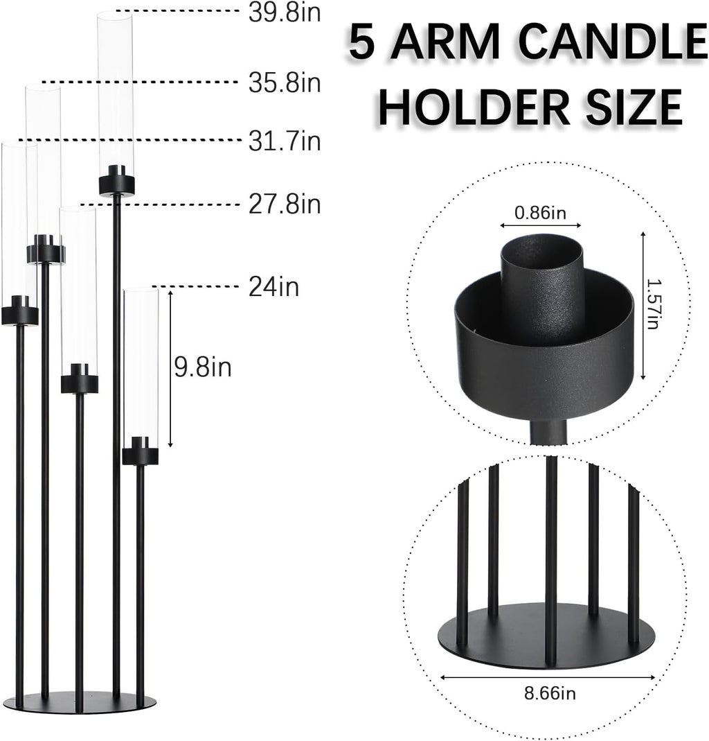 39.8''Matte Black Candle Holder with Acrylic Shades Tall 5 Arm Candelabra Black Table Centerpiece for Wedding Living Dining Room Fireplace Decoration Fit 0.98''LED Taper Candle