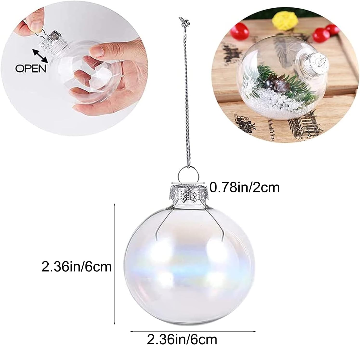 20 Pcs Clear Plastic Fillable Ornament Balls, Removable Top Clear Hanging Ornaments Ball, DIY Plastic Ornaments Round Balls, Perfect for Decoration On Christmas Trees, Wedding, Party (60 mm)