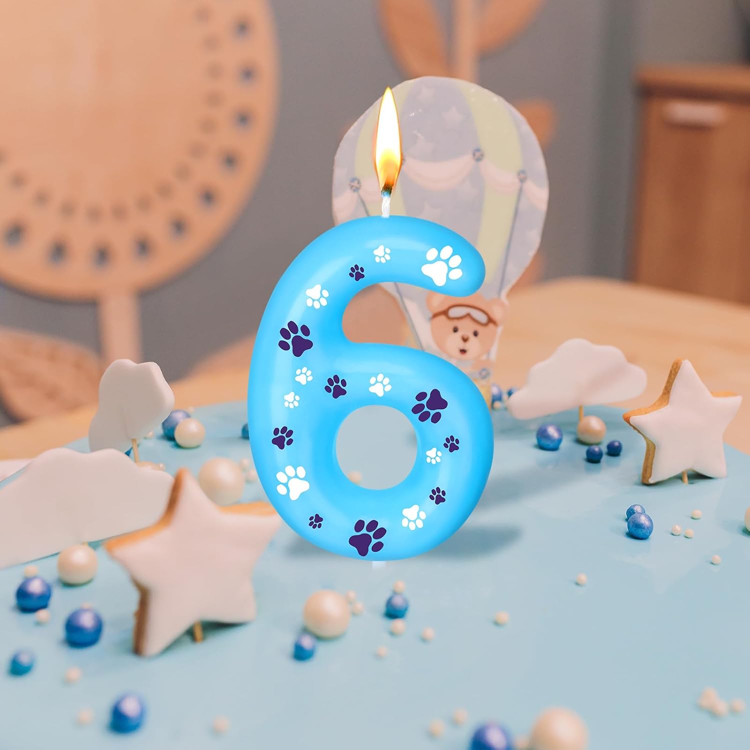 Threlaco Blue Dog Paw Birthday Number Candles Dog Paw Numeral Cake Topper Decorations for Kids Boy Girl Blue Birthday Decoration Party Supplies(Number 6)
