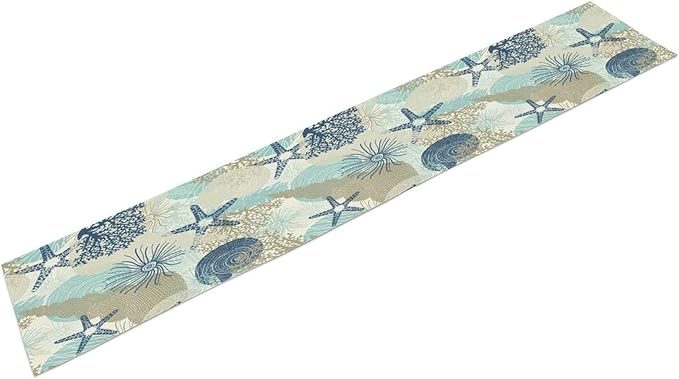 Nautical Coastal Table Runner，Ocean Themed Starfish Coral Conch Beach Kitchen Dinning Table Decoration for Indoor Outdoor Home Party Decor 13x90 Inch