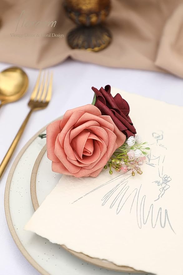 Floroom Artificial Flowers 25pcs Real Looking Burgundy & Pinky Cedar Foam Fake Roses with Stems for DIY Wedding Bouquets Bridal Shower Centerpieces Floral Arrangements Party Tables Home Decorations