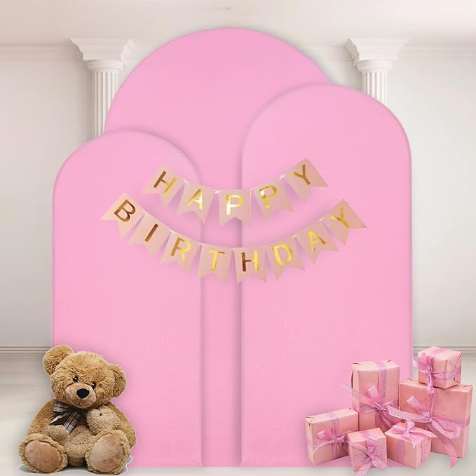 WEERRW Wedding Arch Cover Pink Spandex Fitted Set of 3 Balloon Arch Stand Covers Round Top Chiara Stretchy Backdrop for Birthday Party Baby Shower Banquet Decoration (6FT, 6.6FT, 7.2FT)