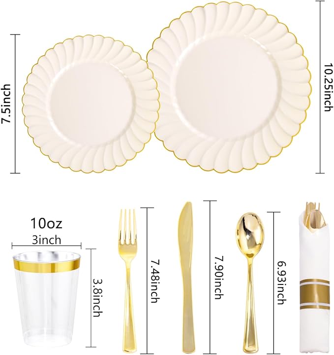 YOUBET 350PCS Ivory Scalloped Plastic Plates - Ivory and Gold Disposable Dinnerware Set Include 100 Plates, 150 Gold Silverware, 50 Cups, 50 Napkins for Wedding & Party & Thanksgiving