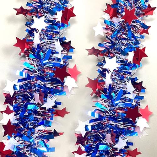 4th of July Red White Blue Star Tinsel Garland - 33 Ft Memorial Day Patriotic Decoration Independence Day Metallic Tree Garland Glitter Tinsel Hanging Twist for Veterans Day Decor