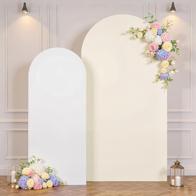 White and Beige Arch Backdrop Cover for Wedding, 7.2FT 6FT Set of 2 Stretchy Spandex Fitted Arch Stand Cover for Baby Shower, Birthday Party Decor, Chiara Backdrop Cover with Double-Sided Design